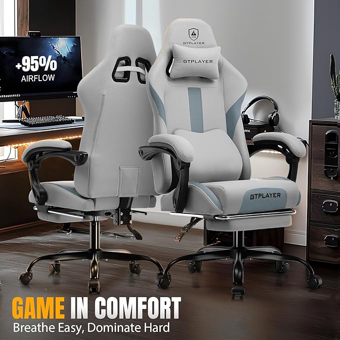 GTPLAYER Gaming Chair with Foot Rest &amp Pocket Spring Cushion Ergonomic High Back Computer Desk Chair with Headrest &amp Lumbar Support for Back Pain Relief Breathable Fabric Moon Gray