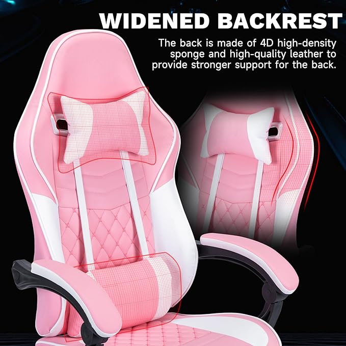 Pink Gaming Chairs with Footrest PVC Leather Video Game Chair for Adults Ergonomic Gaming Chair with Headrest &amp Lumbar Support Reclining Gamer Chairs with Adjustable Backrest (Pink+White1)