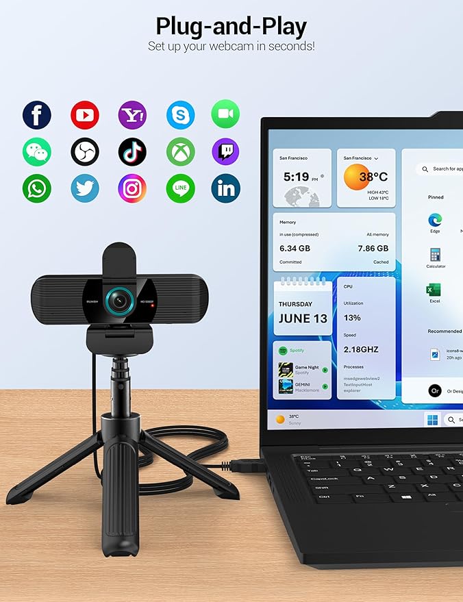 RUWBY Full HD 1080P Webcam with Built-in Dual Mics Wide-Angle Lens Privacy Cover Tripod Stand Autofocus Computer Camera Plug and Play for Desktop PC or Laptop