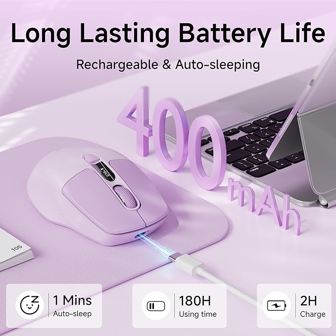 EWEADN Q1 Wireless Mouse BT &amp 2.4G Silent Mouse Quiet Click with 1600 DPI Levels Battery &amp DPI LED Screen Display 6 Button Small Portable Bluetooth Mouse for Laptop/PC/Mac-Purple