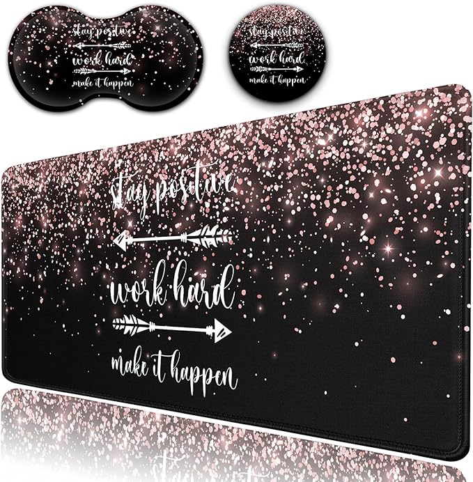 Desk Pad Extended Large Mouse Pad with Stitched Edges (31.5X11.8In) Ergonomic Mouse Wrist Rest Support Waterproof Computer Keyboard Mouse Mat Rose Gold Glitter Quotes XXL Black Gaming Mouse Pad
