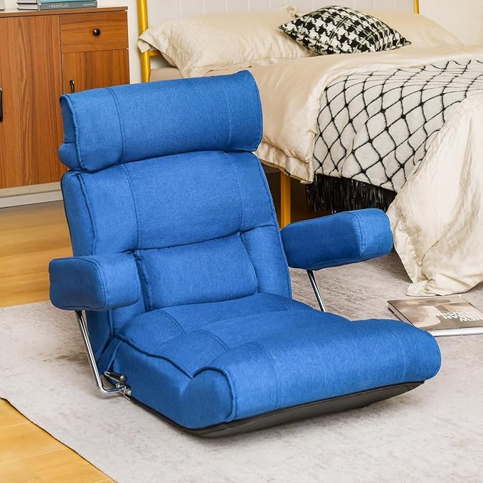 Giantex Adjustable Folding Sofa Chair - Lazy Floor Chair with Infinitely Adjustable Backrest Extendable Armrest &amp Seat Couch Recliner for Meditation Reading Gaming Floor Chairs for Adults (Blu