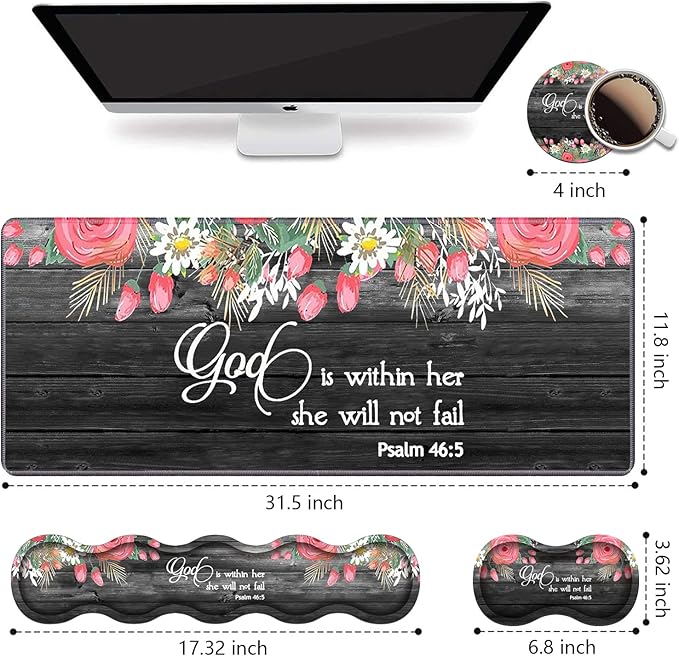 Ergonomic Keyboard Wrist Rest &amp Mouse Pad Wrist Rest SetLarge XXL Gaming Desk Mat 31.5x 11.8Non-Slip Base Memory FoamEasy Typing Pain Relief for Office &amp HomeFloral Quote Bible Verse Ps