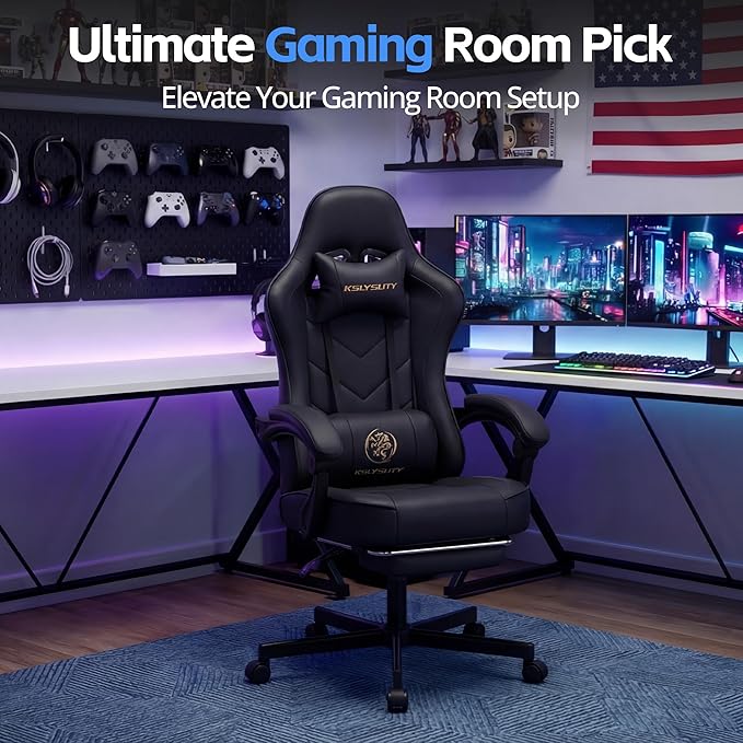Desk Computer Gaming Chair - High Back Ergonomic Office Chair with Footrest and Lumbar Support Swivel Comfy Home Gamer Video Game Chairs with Pocket Spring Cushion for Adults (Black Leather)