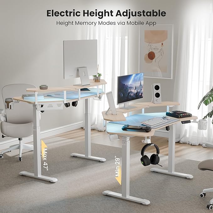 EUREKA ERGONOMIC Aero 55 Inch W Shaped Electric Standing Desk Height Adjustable Computer Gaming Desk with LED Monitor Shelf Mouse Pad Headphone Hook Cup Holder Natural Maple
