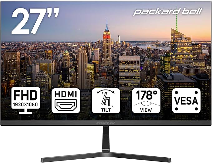 Packard Bell airFrame 27 FHD Monitor 1920x1080 Ultrawide VESA Mount Compatible Tilt Adjustment HDMI/VGA Slim Bezel for Home Office and Light Gaming
