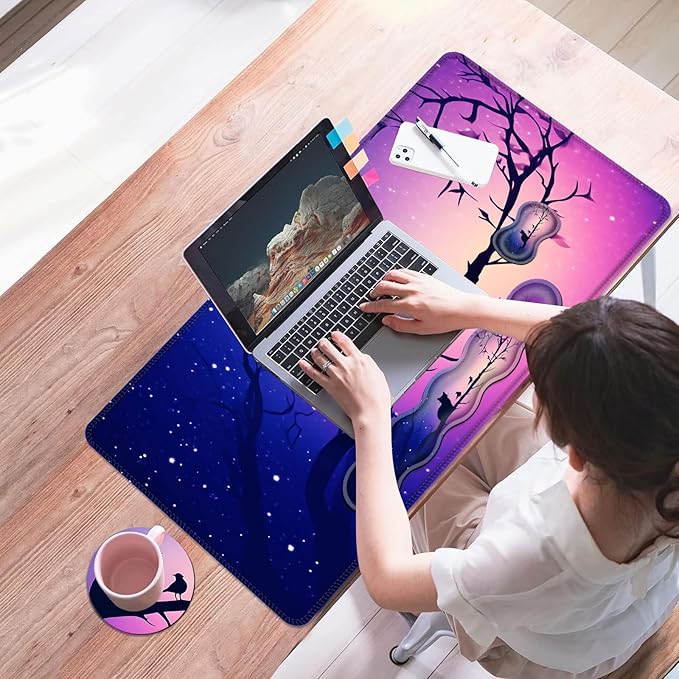 Mouse PadLarge Desk Mat Set 4in1 XL Mousepad + Keyboard Wrist Rest+Mouse Wrist Rest+Coaster with Ergonomic Desk Pad for Home Office Table Computer Cover -Cat and Birds on Branch