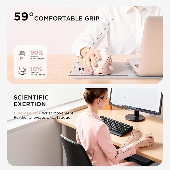 Uineer Ergonomic Wireless Mouse PinkBluetooth Vertical Mouse with BT5.0/4.0/2.4G Rechargeable with Battery IndicatorErgonomic Design for Comfort and Reduced Wrist Strain for HomeOffice Use Pink