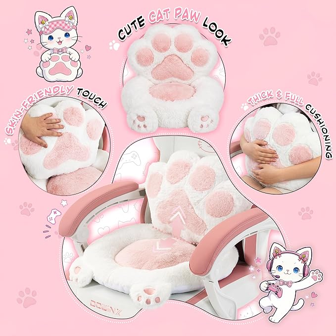 Dowinx Gaming Chair with Cat Ears and Paw Lumbar Pillow Ergonomic Reclining Chair Memory Foam and Spring Cushion Footrest 300lbs Capacity Cute and Comfortable Design for Women &amp Girls
