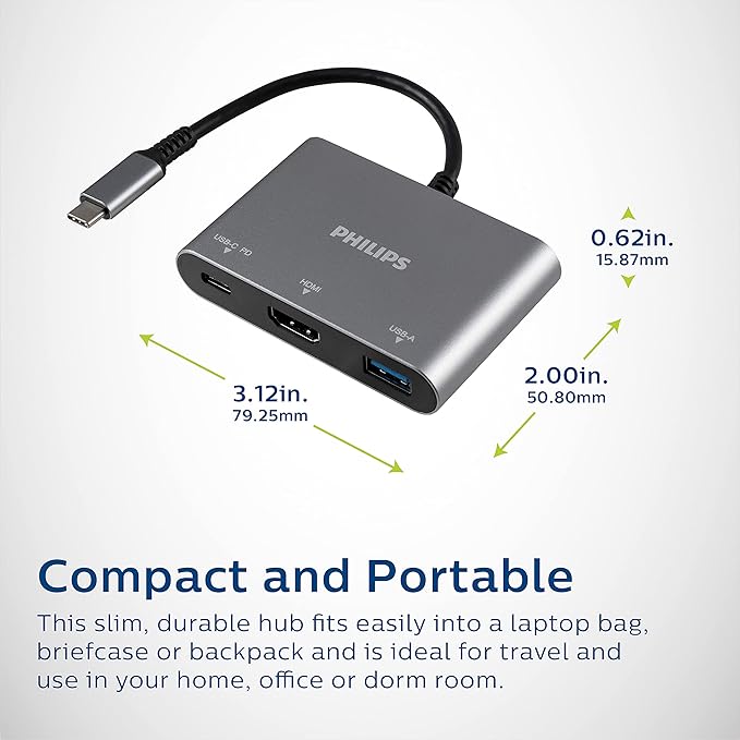 Philips USB C Hub to Multiport Adapter 3 in 1 Power Pass Through HDMI 4k@30Hz 60W USB C Charging Port 5Gbps USB 3.0 Port for MacBook Pro MacBook Air UCB C Laptop Docking Station DLK9220C/27