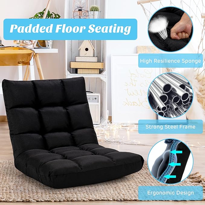 Giantex Adjustable Floor Gaming Sofa Chair 14-Position Cushioned Folding Lazy Recliner High Resilience Sponge Breathable Cotton &amp Linen Fabric Sleeper Bed Couch Recliner with Removable Cover (Bla