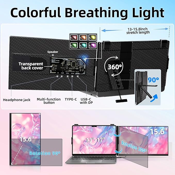 Laptop Screen Extender Dual Monitor - 15.6 Portable Monitor Detachable IPS 1080P FHD 85% NTSC Travel Screen USB-C HDMI Port Compatible with Wins Mac Chrome Dex Fits 13-17 Laptops