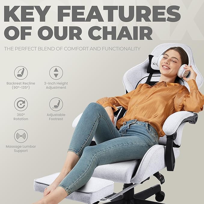 Dowinx Gaming Chair Fabric with Pocket Spring Cushion Massage Game Chair Cloth with Headrest Ergonomic Computer Chair with Footrest 290LBS Black and Grey