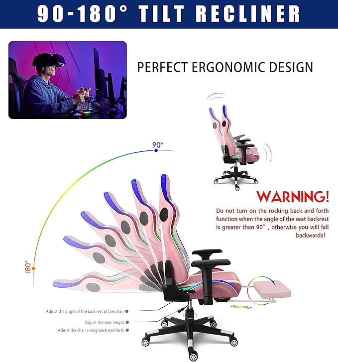 TBQATNTS Gaming Chair with Massage and SpeakersErgonomic Video Gaming Chair with Footrest and Lumbar SupportRGB Racing Gaming Chair Computer Chair for Adults and Teens 400lb.Pink