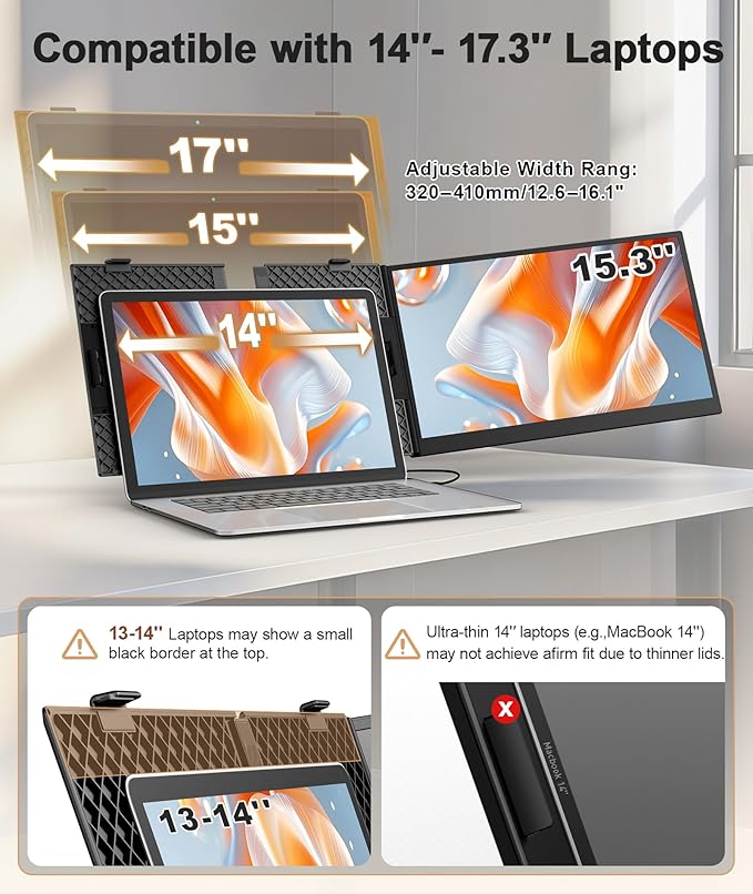 15.3 Laptop Screen Extender Ultra-Thin 1200P Portable Monitor for 14-17.3 Laptops 1.76lbs Lightweight Dual Screen Extender Plug &amp Play Works with Windows/Mac/Android/Chrome