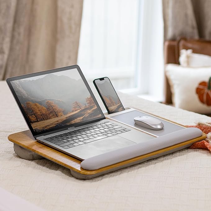 LAPGEAR Home Office Pro Lap Desk with Wrist Rest Mouse Pad and Phone Holder - Oak Woodgrain - Fits up to 15.6 Inch Laptops - Style No. 91599