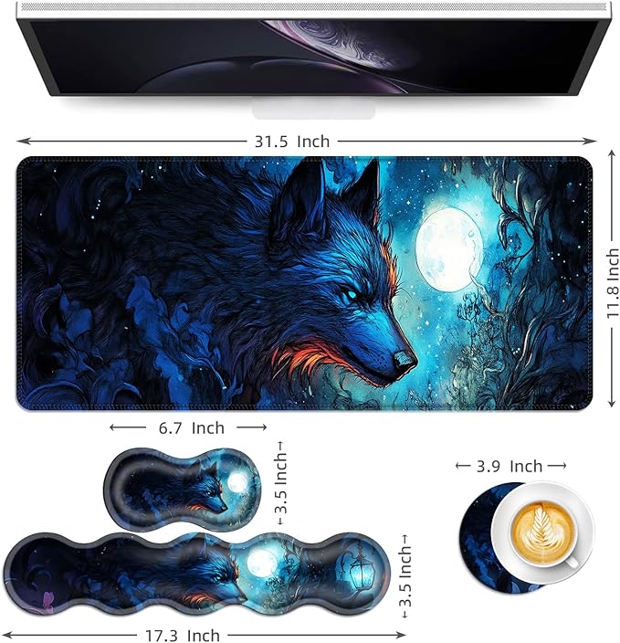Keyboard Mouse Pad Set Extended Gaming Mouse Pad+Ergonomics Keyboard Wrist Rest Support Memory Foam Easy Typing Pain Relief 4Pcs XL Ultra Thick Desk MatBlue Moon Wolf Fantasy