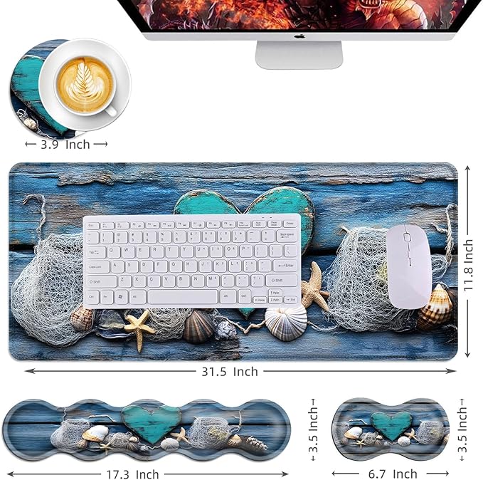 Mouse PadLarge Desk Mat Set 4in1 XL Mousepad + Keyboard Wrist Rest+Mouse Wrist Rest+Coaster with Ergonomic Desk Pad for Home Office Table Computer Cover -Rustic Beach Heart Seashells