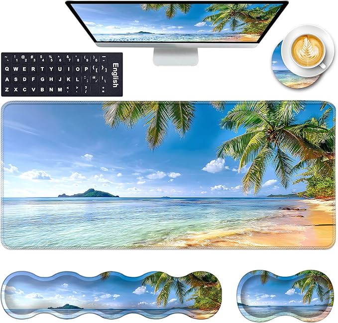 Keyboard Wrist Rest and Mouse Pad with Wrist Support Set Ergonomic CoasterMemory FoamEasy Typing Pain ReliefLarge XL Desk Mat 31.5x 11.8Shore Palms Tropical Beach