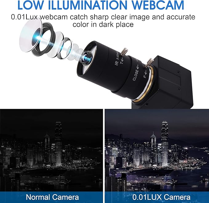 USB Camera 2MP Low Illumination Webcam 5-50mm Optical Zoom Lens Variable Focus USB Camera Compatible with Mac/Windows/Raspberry pi