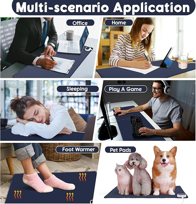 Konohan Heated Desk Pad Warm Mouse Pad 5 Heating Level &amp 4 Hour Auto Shut-Off PU Leather Warm Mouse Mat Heating Keyboard Gaming Mice Warmer Mat Only Supports 110v(Dark Blue Color31.5 X 13)