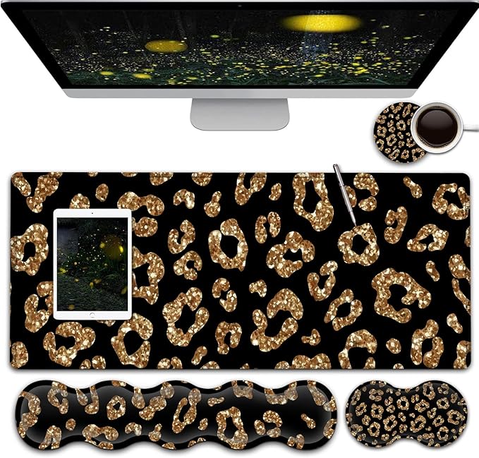 Gaming Mouse Pad and Keyboard Wrist Rest Large Extended Mouse Pad 31.5X 11.8Ergonomic Memory Foam Wrist Rest +Desk Mat Protectorfor Office/Home Writing Pad Gold Glitter Leopard Black Mousepad