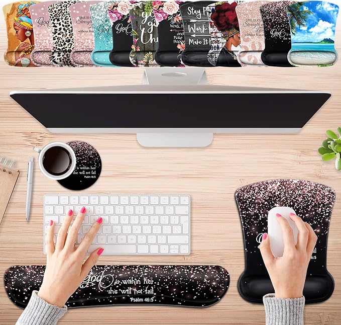 Keyboard Wrist Rest Pad and Ergonomic Mouse Pad Wrist Support Set Psalm 46:5 God is Within HerShe Will Not Fall Rose Gold Black for GamingOfficeComfortable and Pain Relief with Coaster Set