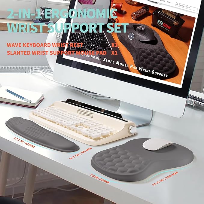 2-in-1 Ergonomic Set Wave Rise Keyboard Wrist Rest and Massage Bulge Slope Mouse Pad Wrist Support Cushion Memory Foam Integrated to Relieve Wrist Pain Deep Gray
