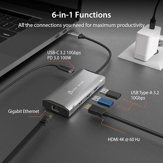 j5create USB C Hub - 4K 60Hz HDMI 2 USB-A 10Gbps USB-C 10Gbps with PD 100W Ethernet | Multiport Adapter for MacBook ChromeBook XPS Surface Pro (JCD392)