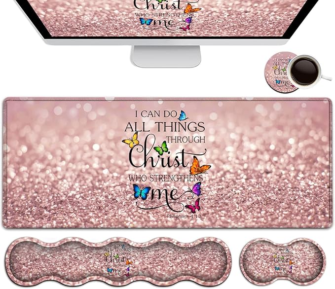 Gaming Mouse Pad Ergonomic Memory Foam Keyboard Wrist Rest Support &amp Non-Slip Mouse Wrist Rest for Laptop Desk Writing Pad Philippians 4:13 Pink Glitter Office Desk Mat Extended Large Mouse Pad