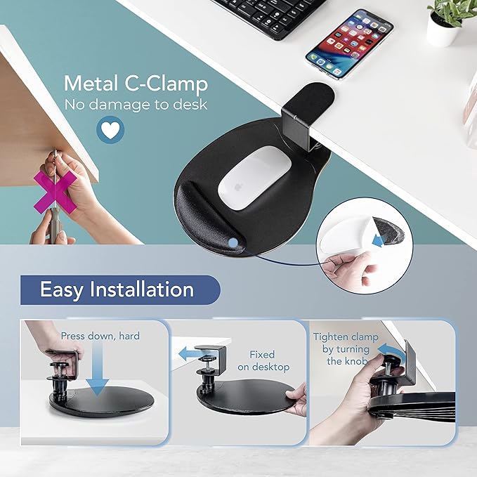 EHO Clamp on Mouse Platform Clip on Pad Rotating 360 Degree w/Comfortable Gel Wrist Rest Ergonomic Attachment Slide Out Tray Suitable for 1.5 Thickness Desk for Home Office Desk Organizer