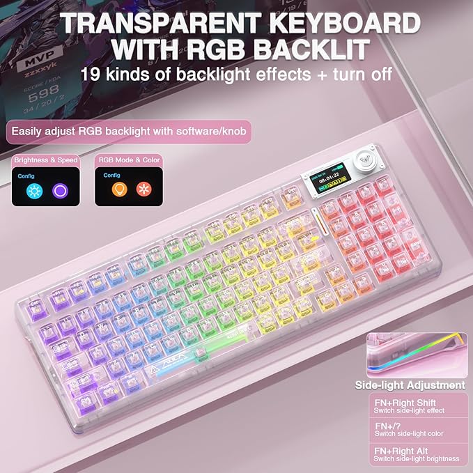 AULA F98 Pro V3 Wireless Mechanical Keyboard with Transparent KeycapsHot-swappablePre-lubed Linear SwitchesGasket StructureRGB BacklitTFT ScreenBT5.0/2.4G/USB-C Wired Computer Keyboard