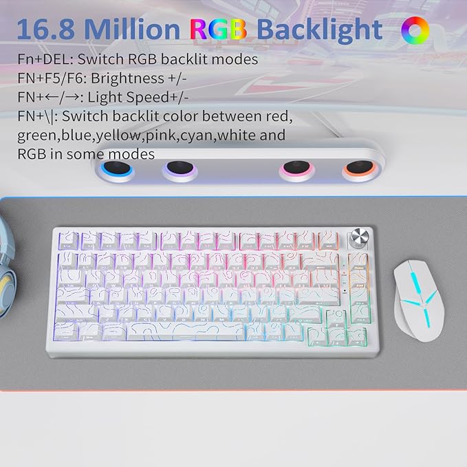 HUO JI 75% Wireless Mechanical Gaming Keyboard Bluetooth/2.4G/USB Wired Creamy Sound RGB Backlit Hot Swappable Pre-lubed Linear Switches Volume Knob Custom Gasket Structure for Win/Mac White