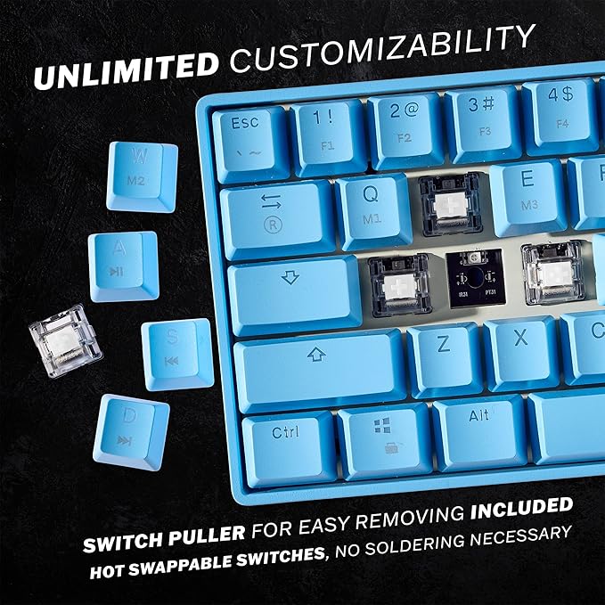 HK Gaming GK61 Mechanical Gaming Keyboard 60 Percent | 61 RGB Rainbow LED Backlit Programmable Keys | USB Wired | for Mac and Windows PC | Hotswap Gateron Optical Brown Switches | Blue