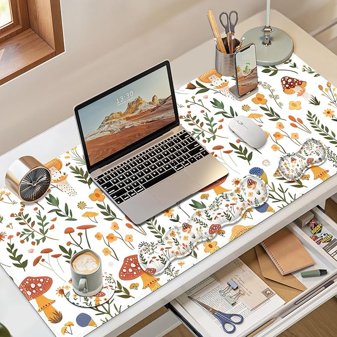 Desk Mat Gaming Mouse Pad Cute Keyboard Wrist Rest Anti-Slip XXL Mouse Pad with Stitched Edges Mushroom Plant Leaf Theme