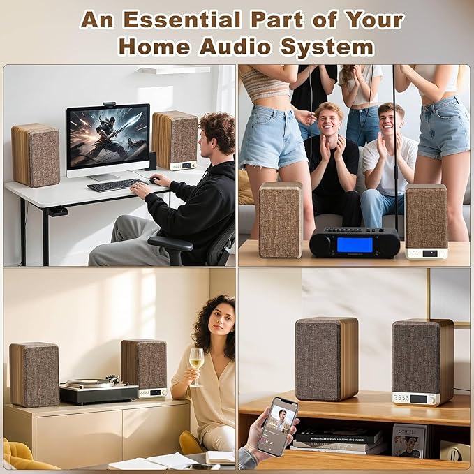 Powered Bookshelf Speakers 60W Record Player Speakers with 3.5 Inch Woofer Active Turntable Speakers Wired AUX/RCA/BT Input Retro Computer Speakers for Vinyl Player HiFi Stereo Speakers