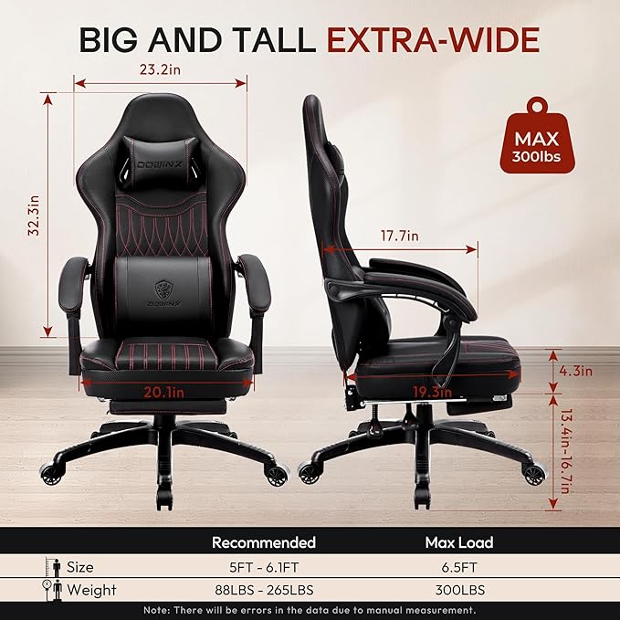 Dowinx Gaming Chair Breathable PU Leather Gamer Chair with Footrest Massage Lumbar Support Big and Tall Ergonomic Reclining Computer Chair with Pocket Spring Cushion for Adults Teens(Black)