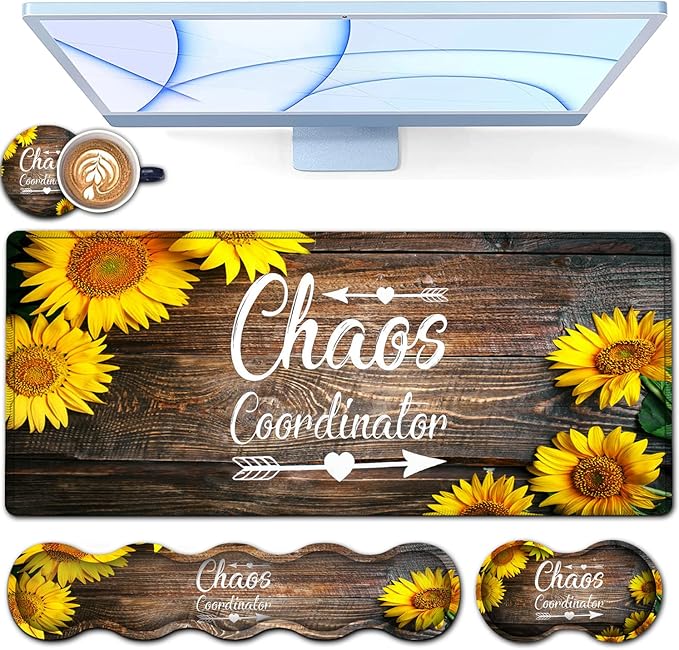 Desk Pad Keyboard Mouse Pad Set Extended Gaming Mouse Pad+ Ergonomics Memory Foam Wrist Rest Support31.5x11.8in Waterproof Large Mouse Pad for Home OfficeChaos Coordinator Sunflower XXL Mouse Mat