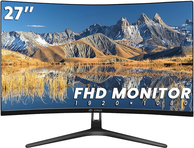 CRUA 27 Curved Monitor FHD(1920x1080P) VA Panel 100HZ 120% sRGB Professional Computer Monitor Narrow Bezels on Three Sides Blue Light Filter Office and Dormitory(HDMI VGA)-Black