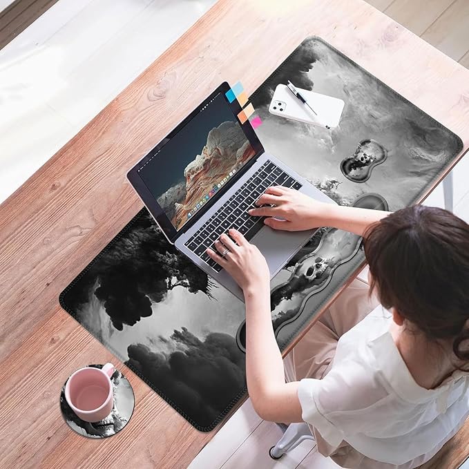 Mouse PadLarge Desk Mat Set 4in1 XL Mousepad + Keyboard Wrist Rest+Mouse Wrist Rest+Coaster with Ergonomic Desk Pad for Home Office Table Computer Cover -Smoky Skull Art