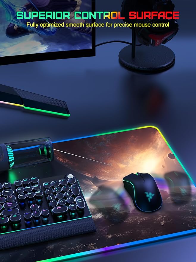 TopMade Wireless Charging Mouse Pad RGB Gaming Mousepad 35.4 x 15.8 Extra Large Waterproof Keyboard Desk Pad Computer Desk Mat Cosmic Planet (Includes 20W PD Power Adapter &amp 6.56ft Woven Cab