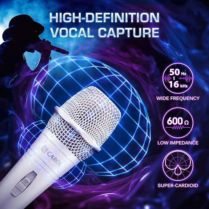 CAROL E dur-916S White XLR Wired Vocal Microphone for Singing – Dynamic Supercardioid Mic with Dual Shock Mount System for Karaoke Stage &amp Public Speaking Includes Mic 14.8ft XLR Cable &amp Sw