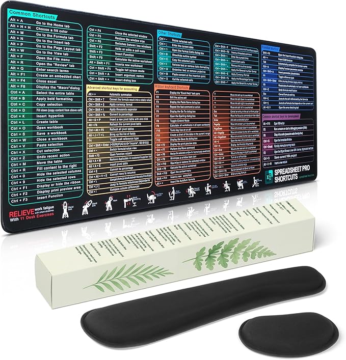 Excel Cheat Sheet Mouse Pad Set | 3-Piece Large Ergonomic Desk Mat with Wrist Rest for Office &amp Gaming(Carbon Black)