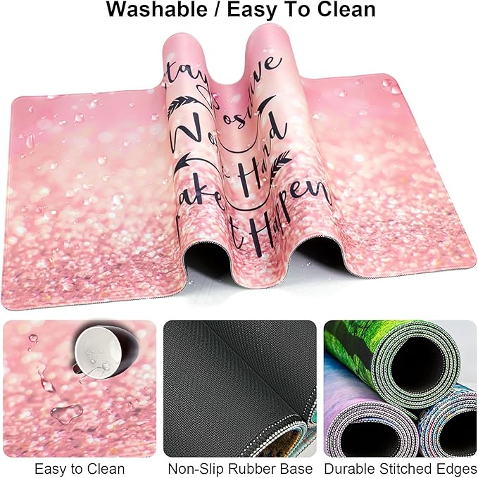 Keyboard Wrist Rest + Mouse Pad with Wrist Support + Desk Mat + Coaster 4 in 1 Set XXL Large Gaming Mousepad Cute Ergonomic Mouse Pads for Desk Computer Laptop Office Decor-Pink Words