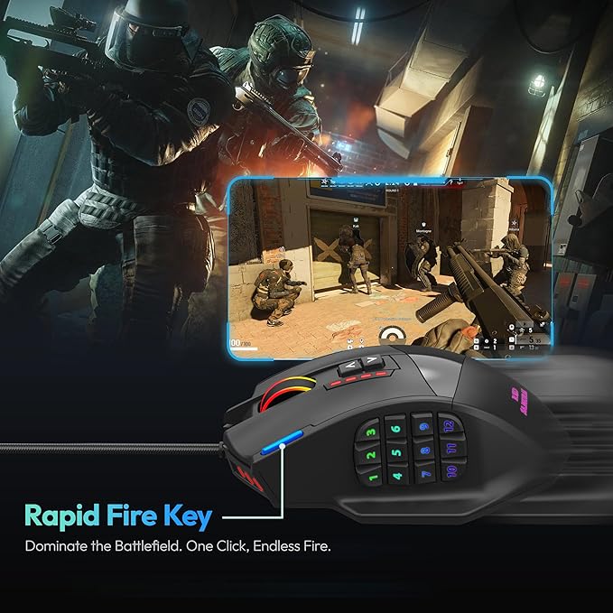 RED SAMURAI Wired Gaming Mouse MMO Gaming Mouse 16400DPI 18 Macro Programable Buttons Ergonomic RGB Wired Mouse with 12 Side Buttons Weight Adjustable Stable Grip Compatible for MMO/FPS/MOBA