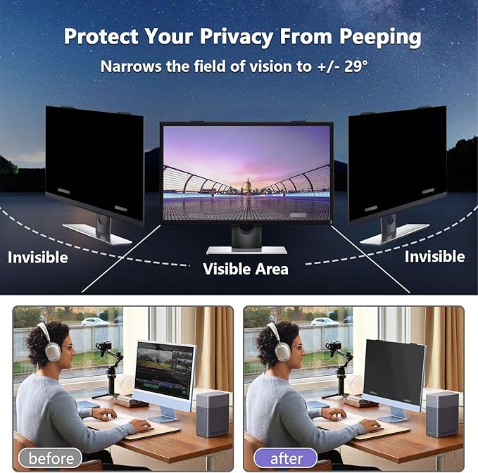 Magnetic 24 Inch Privacy Screen for Monitor 16:10 Aspect Ratio Hanging Removable Privacy Screen for Computer Monitor Anti Glare Blue Light Filter Eye Protection