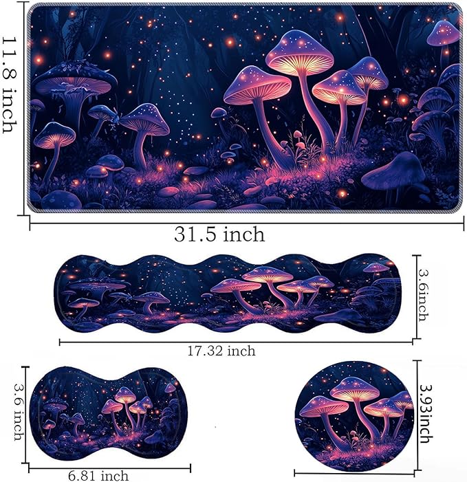 Keyboard Mouse Pad SetLarge Desk Pad+Keyboard Wrist Rest+Mouse Wrist Support+CoasterEasy Typing Pain Relief Non-Slip Wrist Support Mousepad Set Home OfficeGlowing Mushrooms