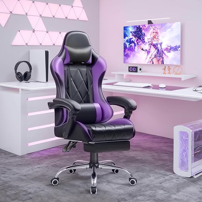 Shahoo Gaming Chair with Footrest and Massage Lumbar Support Ergonomic Office Computer Seat Height Adjustable with Headrest Purple