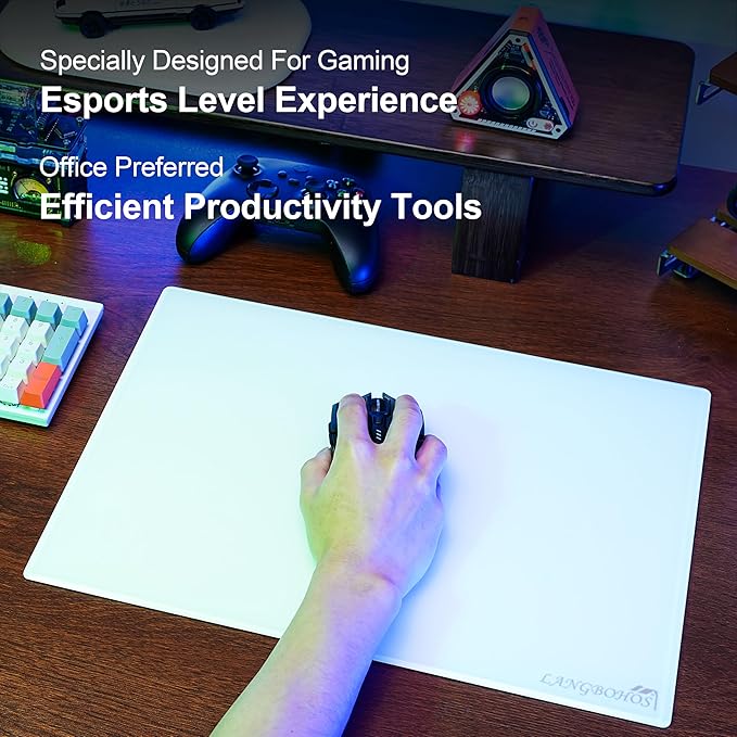 Extra-Large Glass Mouse Pad (White-19.7 * 16'') Micro Etched Surface and Whole Silicone BaseGaming Mouse Pad Improved Precision and SpeedDurable Easy to Clean