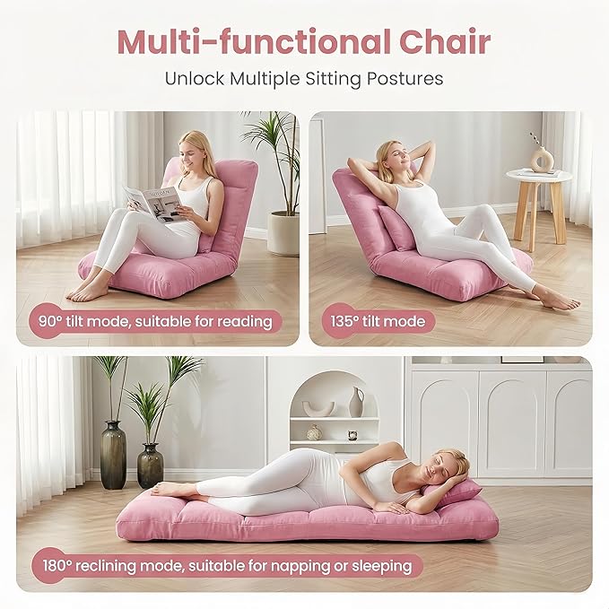 Folding Floor Chair with Back Support 5 Adjustable Position Padded Sleeper Bed Couch Recliner Gaming Floor Chairs for Adults Meditation Living Room
